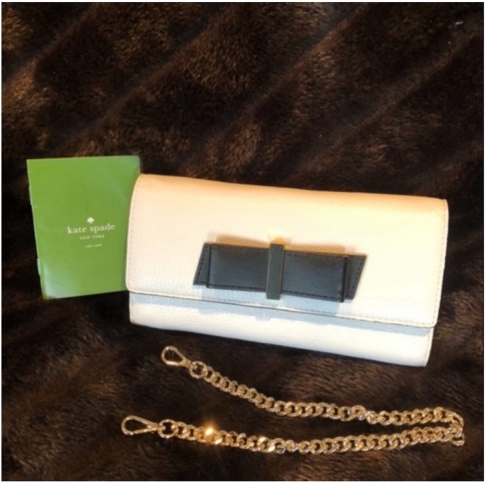 Kate Spade NWOT 100% leather wallet clutch on detachable chain bow convertible